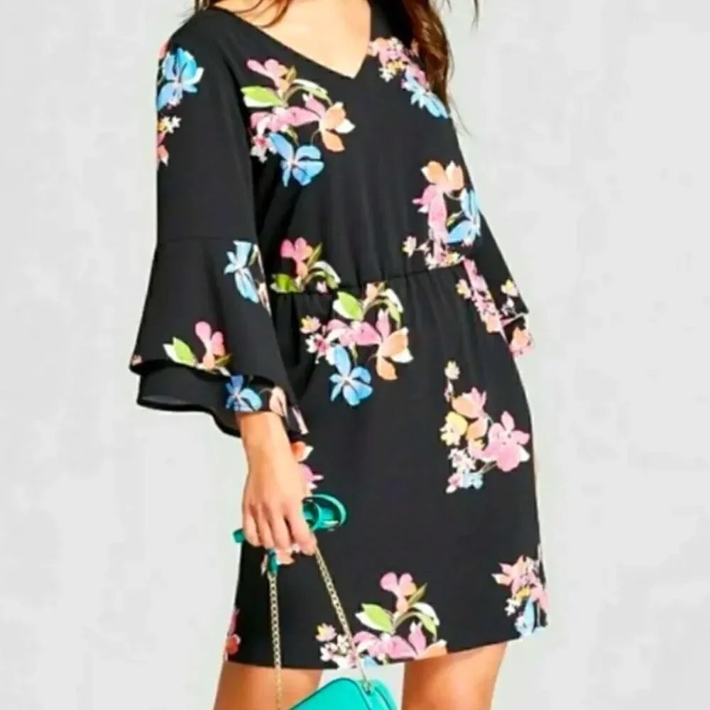 A NEW DAY Black Floral Bell Sleeve Dress XLARGE
